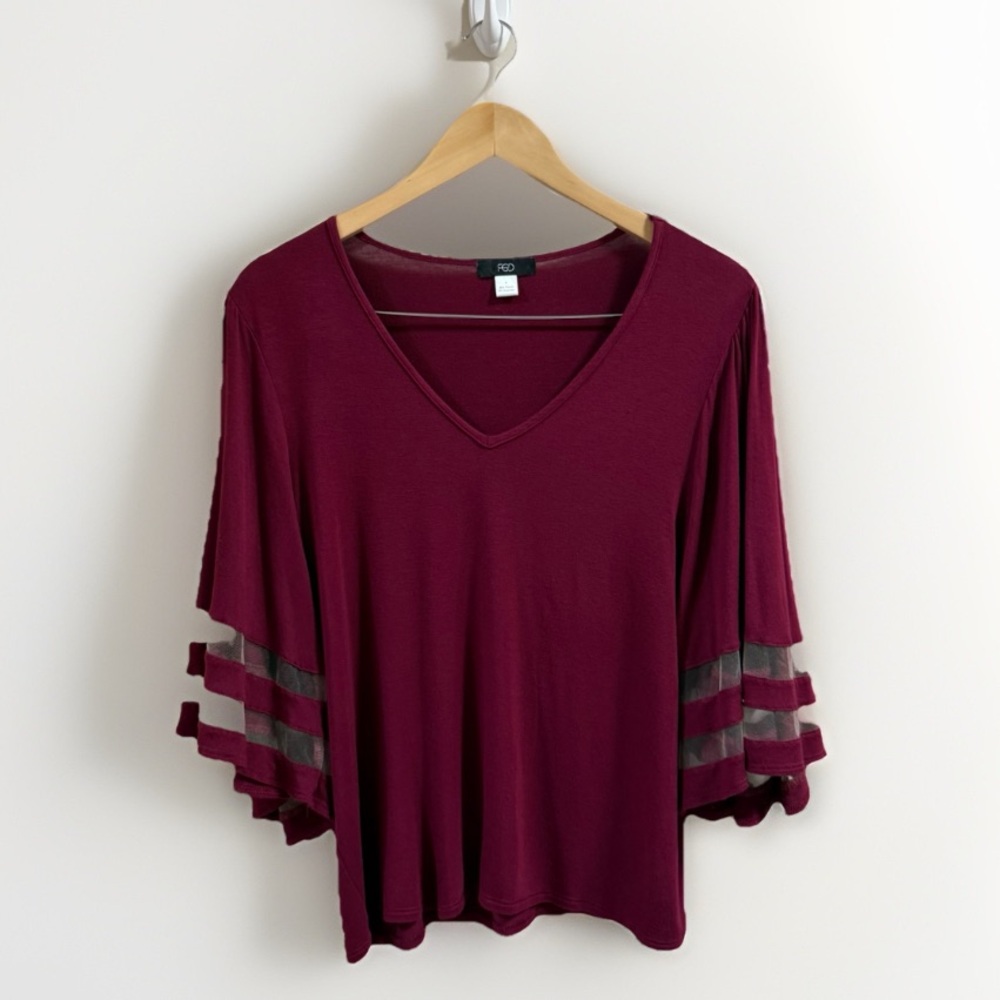 FGD Womens Sml Burgundy V Neck Mesh Panel Blouse 3/4 Bell Sleeve Loose Top Shirt